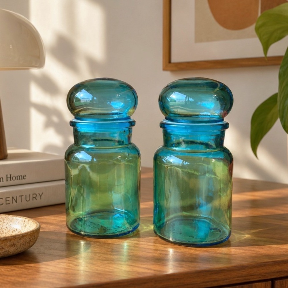 Vintage Belgium Glass Canister Set 2pc Bubble Lid Blue Apothecary Jars MCM Spice